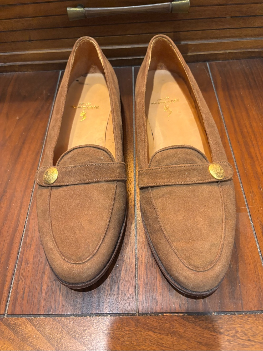 Ralph Lauren Brown Suede Loafers with Gold Logo Insole